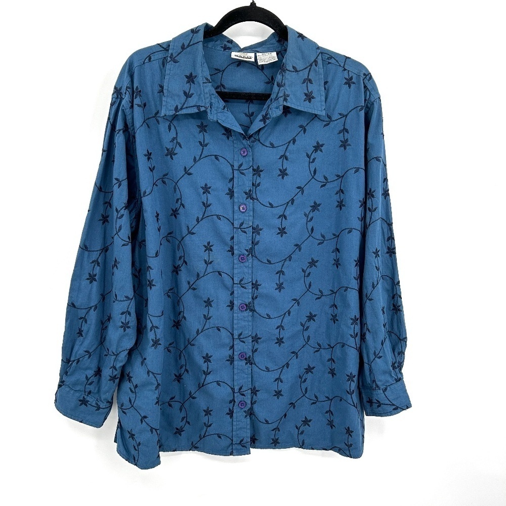 TR BENTLEY Vintage Blue Black Floral Embroidered Button Up Collared Shirt 18W